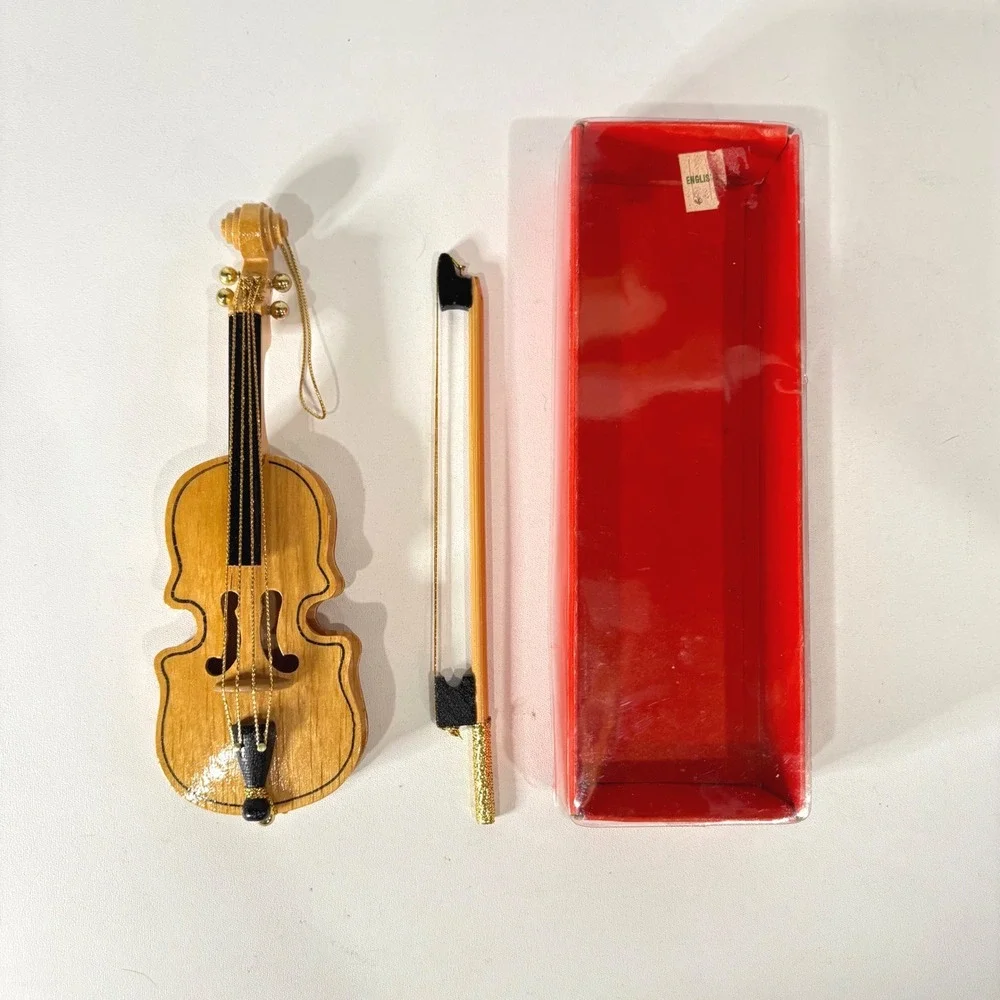 Vintage Miniature Wooden Violin Ornament with Bow and Original Box 6 Inch
